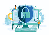 istock Online technologies, IT and internet security. Landing page template with people and computer. 1126176066
