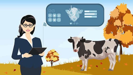 Online technologies of the process of obtaining milk from the udder of lactating farm animals, cows. Modern technologies in animal husbandry. Vector