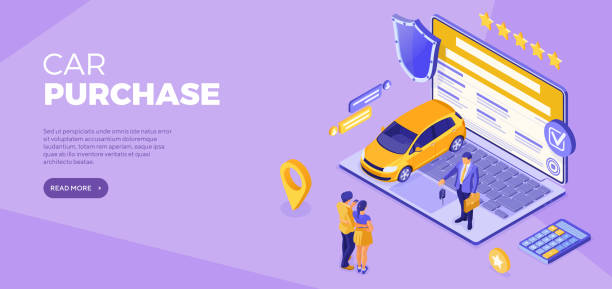 Online technology sale buy purchase car Online buy car Distance technology sale purchase car Auto rental carsharing Landing page advertising with car laptop dealer key couple with credit card Isometric vector illustration used car sale stock illustrations