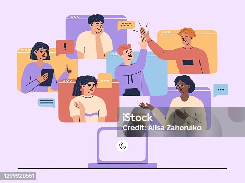istock Online video conference landing page concept, colleague team chatting 1299920551