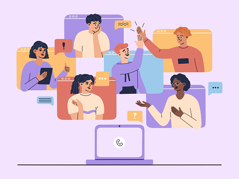 Online video conference landing page concept, colleague team chatting at laptop, group of men and women have meeting call and discussion, working from home. Vector illustration in flat cartoon style.