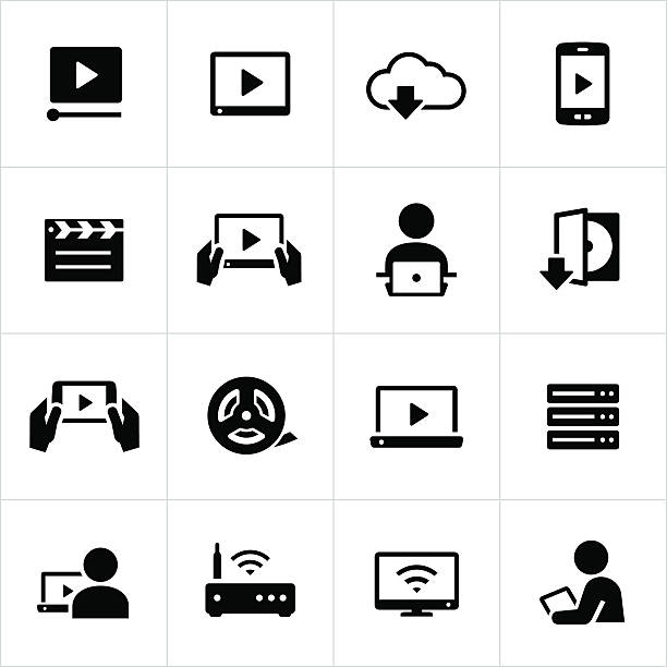 Online Video Streaming Icons Video streaming on multiple devices. Streaming video, mobile devices, movies, media, mutlimedia, smartphone, tablet, computer. video on demand stock illustrations