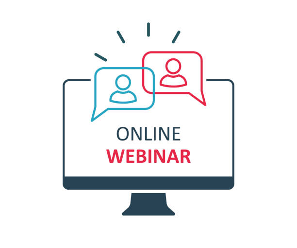 Online webinar communication, internet web conference, distance education, online course, video lecture, work from home icon with people icon - stock vector Online webinar communication, internet web conference, distance education, online course, video lecture, work from home icon with people icon - stock vector web conference stock illustrations