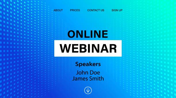 Online webinar landing page template. Vector banner mock up for business conference announcement Online webinar landing page template. Vector banner mock up for business conference announcement. Abstract blue halftone dotted minimal background invitations templates stock illustrations