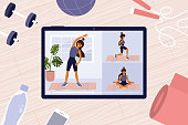 Online workout classes on digital tablet with young woman showing exercises. Sport video. Stay home, keep fit and positive. Fitness equipment. Physical activity, healthy lifestyle vector illustration