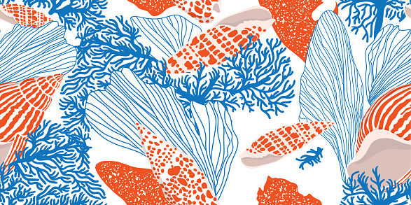 Сontemporary seamless pattern with shells, algae and corals.