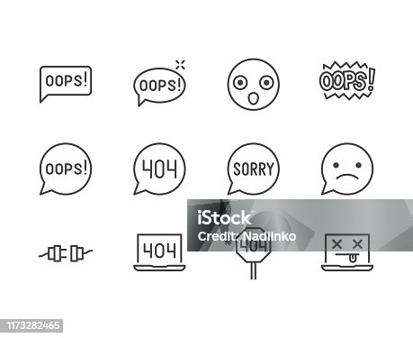 istock Oops message flat line icons set. 404 error, mistake speach bubble, page not found concept vector illustrations. Outline signs for something went wrong. Pixel perfect 64x64. Editable Strokes 1173282465