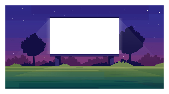 Open air cinema screen semi flat vector illustration. Empty place for watching film outside. Public weekend entertainment space. Outdoors movie night 2D cartoon scene for commercial use