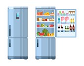 Open and closed fridge. Refrigerator empty and with products inside, healthy food water and milk, fruit and vegetable, alcohol and meat, electric equipment for kitchen flat cartoon vector isolated set