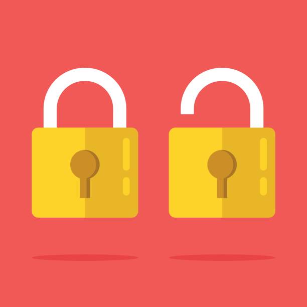Open and closed lock icons set. Two yellow padlocks. Closed and open lock objects concept. Modern graphic elements. Flat design vector illustration Open and closed lock icons set. Two yellow padlocks. Closed and open lock objects concept. Modern graphic elements. Flat design vector illustration lock stock illustrations
