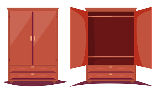 Open and closed wardrobe, wood furniture