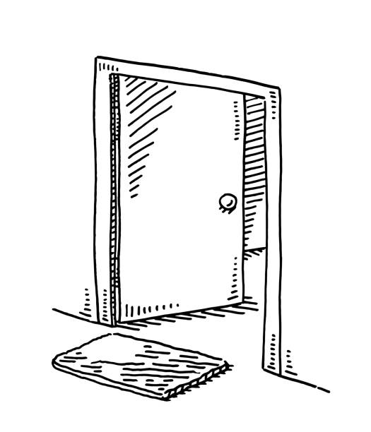 Open Apartment Door And Doormat Drawing Hand-drawn vector drawing of an Open Apartment Door And Doormat. Black-and-White sketch on a transparent background (.eps-file). Included files are EPS (v10) and Hi-Res JPG. door clipart stock illustrations
