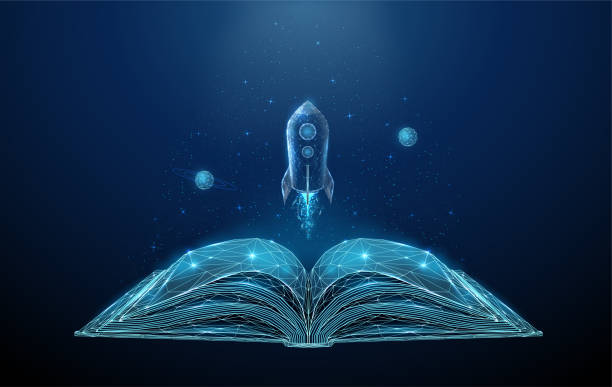 Open book and flying rocket with stars and planets. vector art illustration