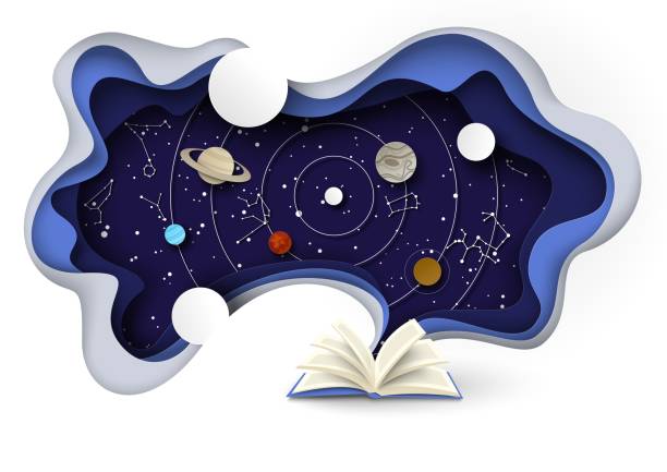 Open book with sky, planets, zodiac constellations, vector paper cut illustration. Astrology, horoscope predictions. Open book with starry sky, solar system planets orbiting Sun, zodiac constellations, vector illustration in paper art style. Astrology, astronomy science, imagination, horoscope predictions. space and astronomy stock illustrations