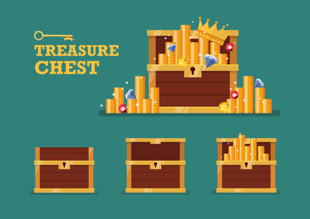 Open chest with gold collection set Open chest with gold collection set. Vector illustration jewelry treasure chest gold crate stock illustrations