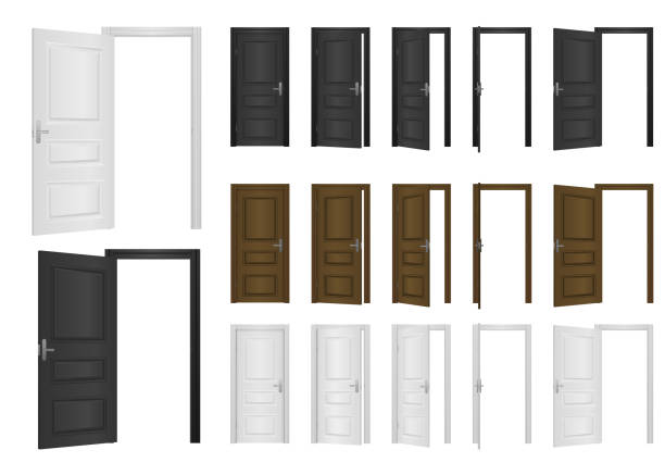 Open, closed front door of the house. Classic room concept. Wooden outdoor entrance with shining light. Open and closed front door of the house isolated on white background. Open and closed entrance realistic door. Vector illustration. open door stock illustrations