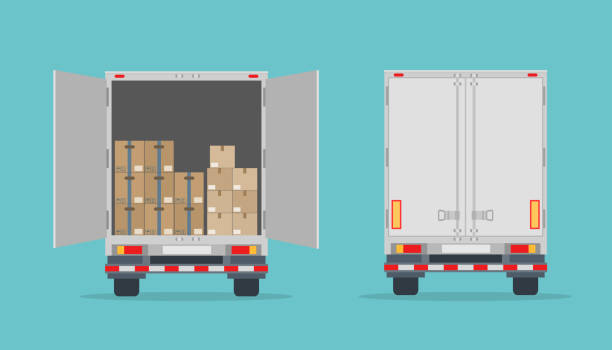 Open delivery truck with cardboard boxes and closed truck. Isolated on blue background. Back view. Open delivery truck with cardboard boxes and closed truck. Isolated on blue background. Back view. Transport services, logistics and freight of goods. Flat style, vector illustration. rear view stock illustrations