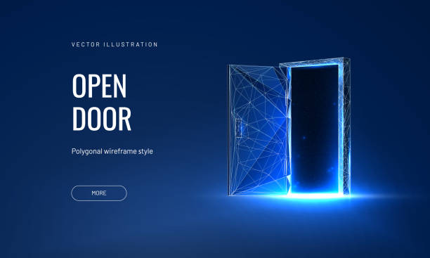 Open door digital vector illustration on a blue background. Futuristic science fiction concept of doorway. Technology portal in a polygonal wireframe glowing style Open door digital vector illustration on a blue background. Futuristic science fiction concept of doorway. Technology portal in a polygonal wireframe glowing style open door stock illustrations