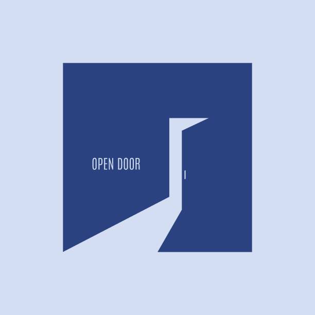 Open door on blue backgound Open door on blue backgound 8 eps door silhouettes stock illustrations