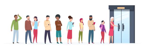 Open door queue. Trending people characters standing outside young adult customer line group stylish clothes. Flat illustration Open door queue. Trending people characters standing outside young adult customer line group stylish clothes. Flat vector illustration store backgrounds stock illustrations