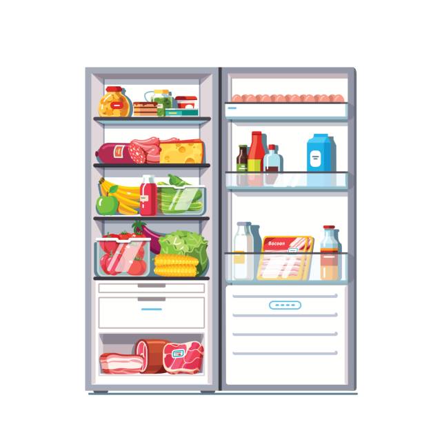 stockillustraties, clipart, cartoons en iconen met open deur koelkast vol met groenten, fruit - fridge