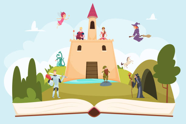 stockillustraties, clipart, cartoons en iconen met open sprookjesboek. de achtergrond van de fantasie met grappige mascotte prinses riddertovenaarsheksbeeldverhaallandschap op pagina's - book tower
