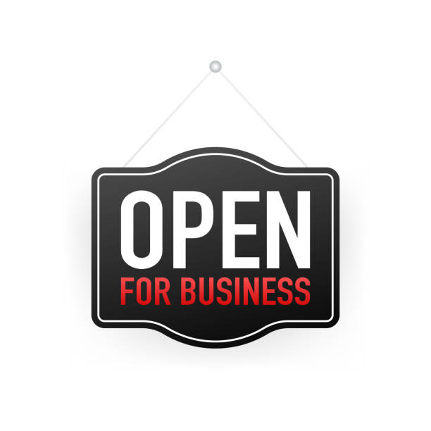 Open for business sign. Flat design for business financial marketing banking advertisement office people life property stock fund commercial background in minimal concept cartoon illustration Open for business sign. Flat design for business financial marketing banking advertisement office people life property stock fund commercial background in minimal concept cartoon illustration. opening stock illustrations