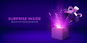 Open gift box and magic light fireworks. Holiday Christmas banner with surprise box and confetti. Vector illustration