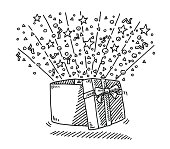 Hand-drawn vector drawing of an Open Gift Box Surprise. Black-and-White sketch on a transparent background (.eps-file). Included files are EPS (v10) and Hi-Res JPG.
