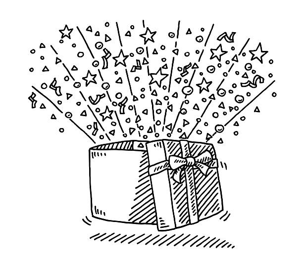 Open Gift Box Surprise Drawing Hand-drawn vector drawing of an Open Gift Box Surprise. Black-and-White sketch on a transparent background (.eps-file). Included files are EPS (v10) and Hi-Res JPG. gift drawings stock illustrations