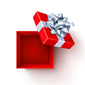 Vector illustration of an open red gift box with silver bow.