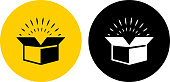 Open Gift Box.. The icon is black and is placed on a round yellow vector sticker. The background is white. There is an alternate black and white round button on the left side of the image. The composition is simple and elegant. The vector icon is the most prominent part if this illustration. The yellow and black contrast is a good representation for alert, warning and notice signs. The black and white version is also included in the download.
