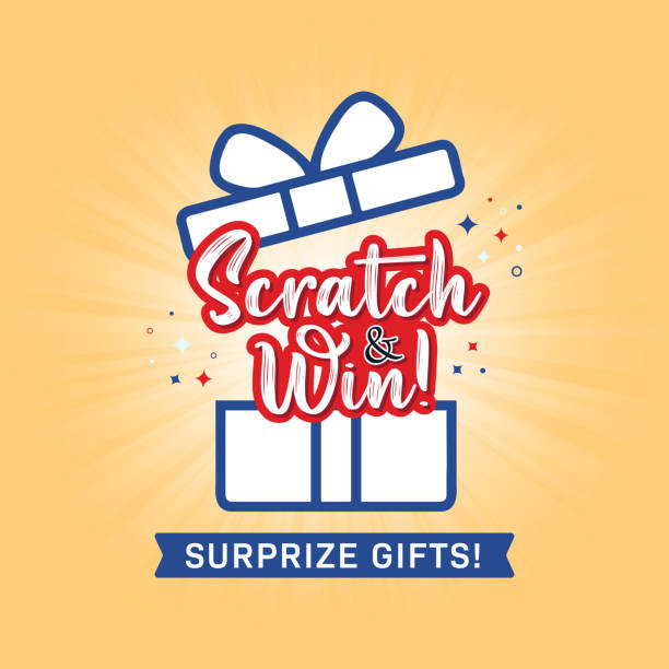 Open Gift Box with Scratch & Win Text. Open gift box with confetti and Scratch and Win text isolated on yellow background. winning lottery ticket stock illustrations