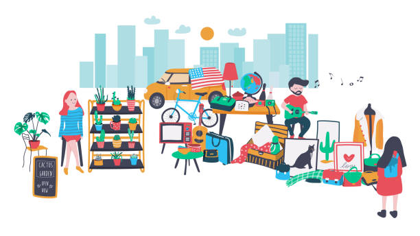 open market People selling and shopping at the marketplace or walking street consisting of cactus and second hand shops,  all is colorful doodle cartoon flat design, illustration, vector, on white background bazaar market stock illustrations