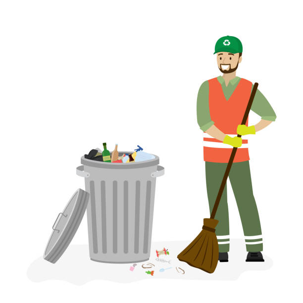 ilustrações, clipart, desenhos animados e ícones de lata de lixo do metal aberto com lixo e coletor de lixo feliz. isolado no fundo branco. - gari