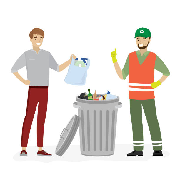 ilustrações, clipart, desenhos animados e ícones de lata de lixo do metal aberto com lixo. o homem novo joga um saco com lixo e coletor de lixo feliz. - gari