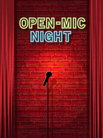 Open Mic Night Stage With Neon Sign And Brick Wall Stock Illustration