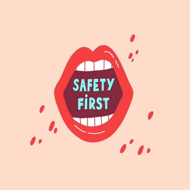 Open mouth with text on colorful background. Safety first lettering. Contraception, birth control, hiv prevention concept. Open mouth with text. Safety first lettering. Contraception, birth control, hiv prevention concept. Hand drawn flat vector illustration on colorful background. mouth open stock illustrations