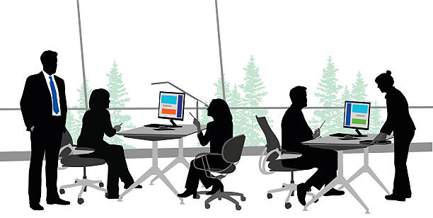 Open Office Colors A vector silhouette illustration of business men and business woman working together in an office.  Two woman sit at opposite sides of a desk and gesture at eachother angrily while a man in suit looks on.  A woman brings a man documents seated behind a desk.  The open window in the background shows green trees. office silhouettes stock illustrations
