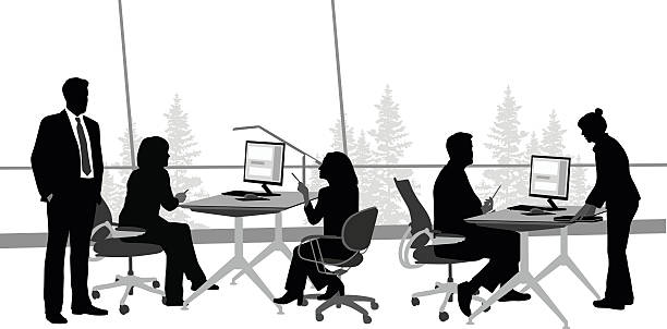 Open Office Discussion A vector silhouette illustration of business men and women working in an office.  A woman stands at the desk of a male coworker with documents.  Two women sit angrily across from eachother at another desk while a man in a suit stands near.  The office is open concept with a large window in the background viewing trees.This file is to be used for batch editing. It can contain active and deleted keywords. Pasting this file data will update and delete keywords accordingly. office silhouettes stock illustrations