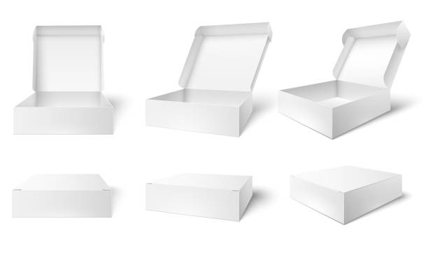 Open packaging box. Blank package boxes, opened and closed white packages mockup 3d vector illustration set Open packaging box. Blank package boxes, opened and closed white packages mockup. Chocolate gift packaging wrap, product cardboard box. 3d realistic vector illustration isolated icons set package stock illustrations