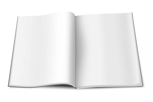 오픈 페이퍼 백 책, 현실적인 벡터 모형. 빈 흰색 페이지 저널 또는 잡지, 템플릿. 빈 브로셔, 소책자 또는 카탈로그, 모형 - 분산 stock illustrations