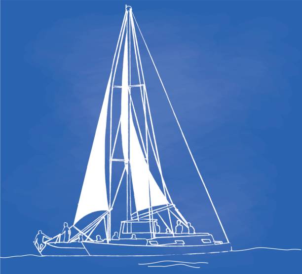 Open Sails Chalkboard silhouette illustration of a catamaran on the water with its sails open in the wind catamaran stock illustrations