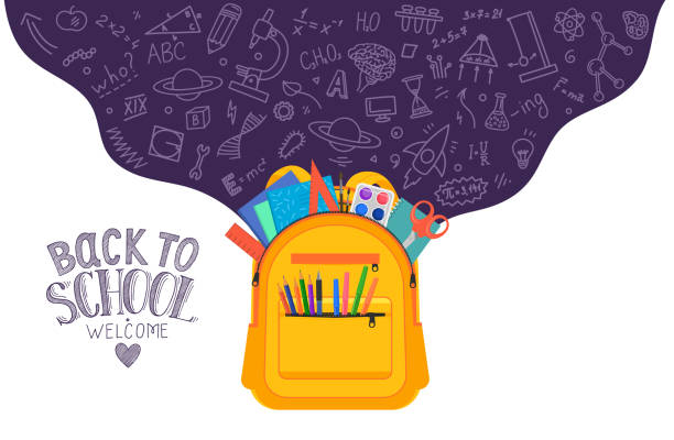 Open school backpack full of stationery Open school backpack full of stationery with school subject doodle on white background. Back to school. Welcome. school supplies stock illustrations