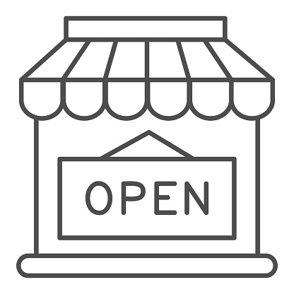 Open shop building thin line icon, market concept, Store with open signboard on white background, Store with sign open icon in outline style for mobile concept and web design. Vector graphics