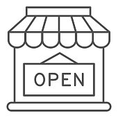 istock Open shop building thin line icon, market concept, Store with open signboard on white background, Store with sign open icon in outline style for mobile concept and web design. Vector graphics. 1251441412