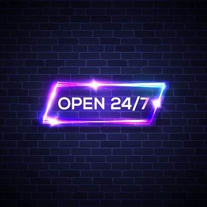 Open sign 24 7 hours. Neon light rectangle round the clock store frame on brick texture wall background. Opening neon signage 24 Hours. Square techno night club banner 3d realistic vector illustration