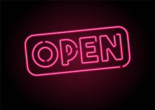 Open Sign Red Neon Light On Black Wall  opening stock illustrations
