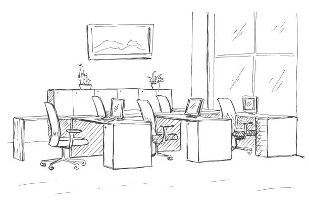 Open Space office. Workplaces outdoors. Tables, chairs and windows. Vector illustration in a sketch style. Open Space office. Workplaces outdoors. Tables, chairs and windows. Vector illustration in a sketch style. office drawings stock illustrations