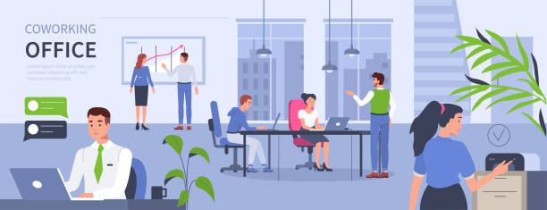 open space People in open space coworking office concept design. Can use for web banner, infographics, hero images. Flat isometric vector illustration isolated on white background. office stock illustrations